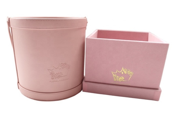 Gold Foil Logo Pink Leather Gift Box Round Gift Box For Flowers