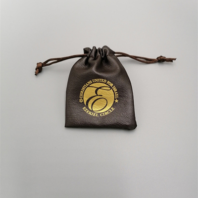 Soft Brown 9x12cm Pu Leather Fabric Drawstring Gift Bags With Gold Logo