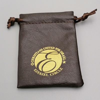 Soft Brown 9x12cm Pu Leather Fabric Drawstring Gift Bags With Gold Logo