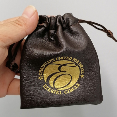 Soft Brown 9x12cm Pu Leather Fabric Drawstring Gift Bags With Gold Logo