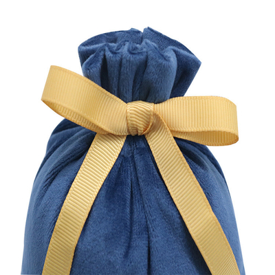 10x15cm Fabric Drawstring Gift Bag Dark Blue Velvet Gift Pouch With Ribbon Motif