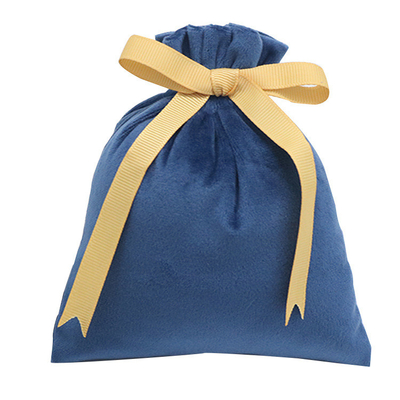 10x15cm Fabric Drawstring Gift Bag Dark Blue Velvet Gift Pouch With Ribbon Motif