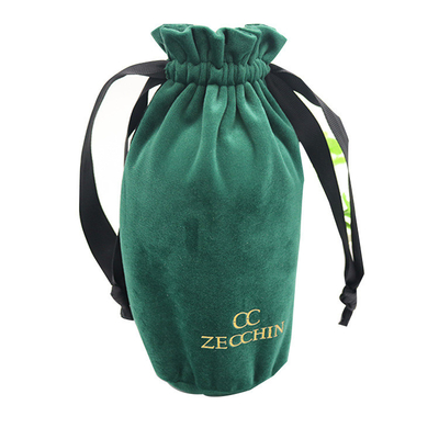 Customized Fabric Drawstring Gift Bag Dark Green Wine Bottle Bag