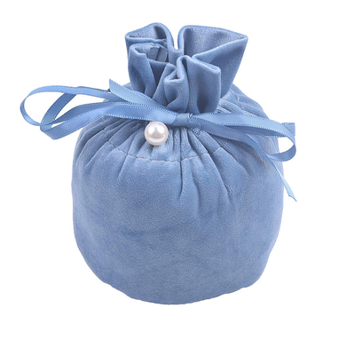 Round Blue Suede Fabric Drawstring Gift Bags For Jewelry Packaging