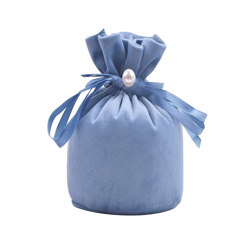 Round Blue Suede Fabric Drawstring Gift Bags For Jewelry Packaging